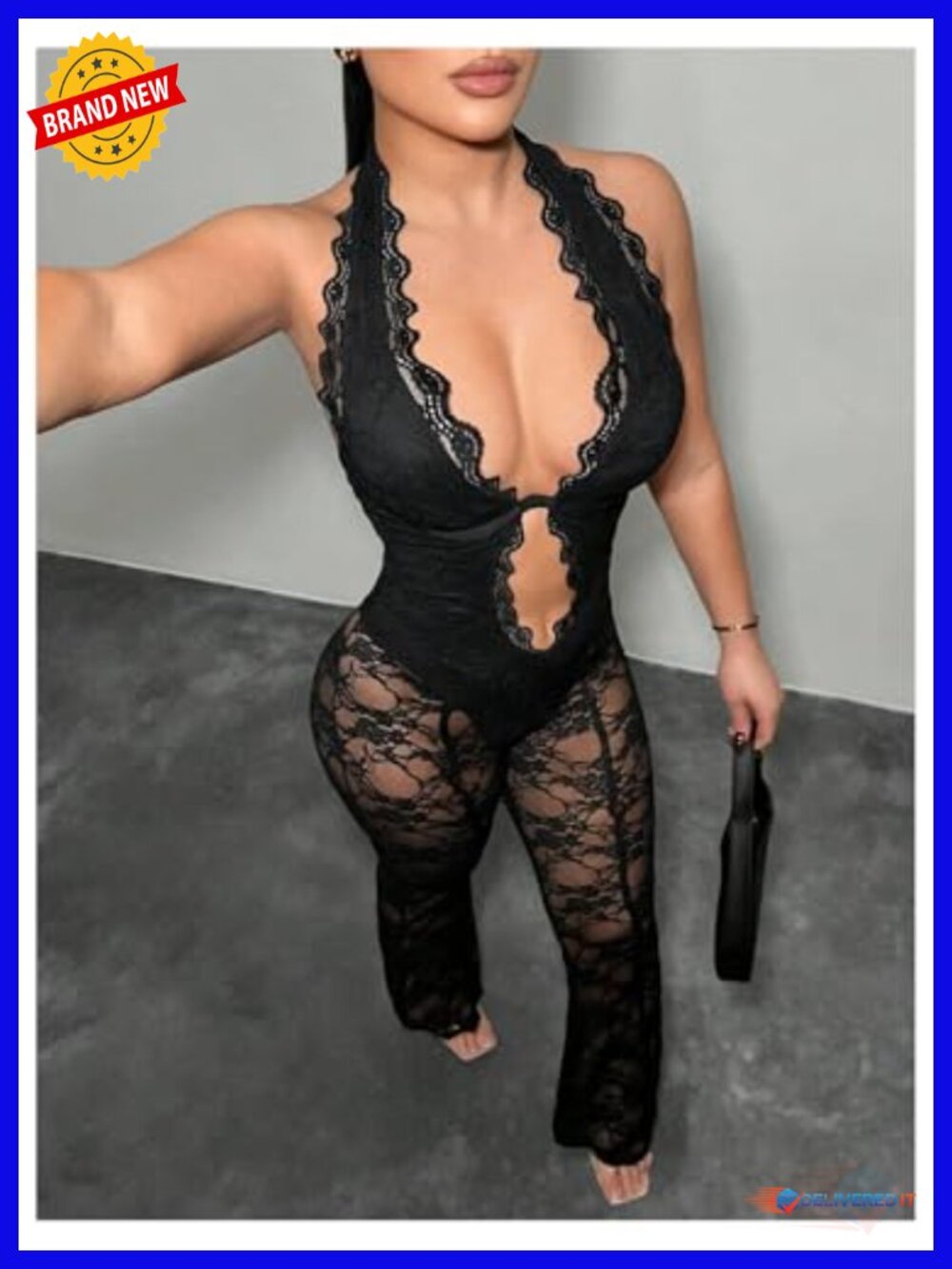 Deep V Neck Backless Halter Bodycon Sheer Lace Jumpsuit Clubwear - Picture 3 of 4